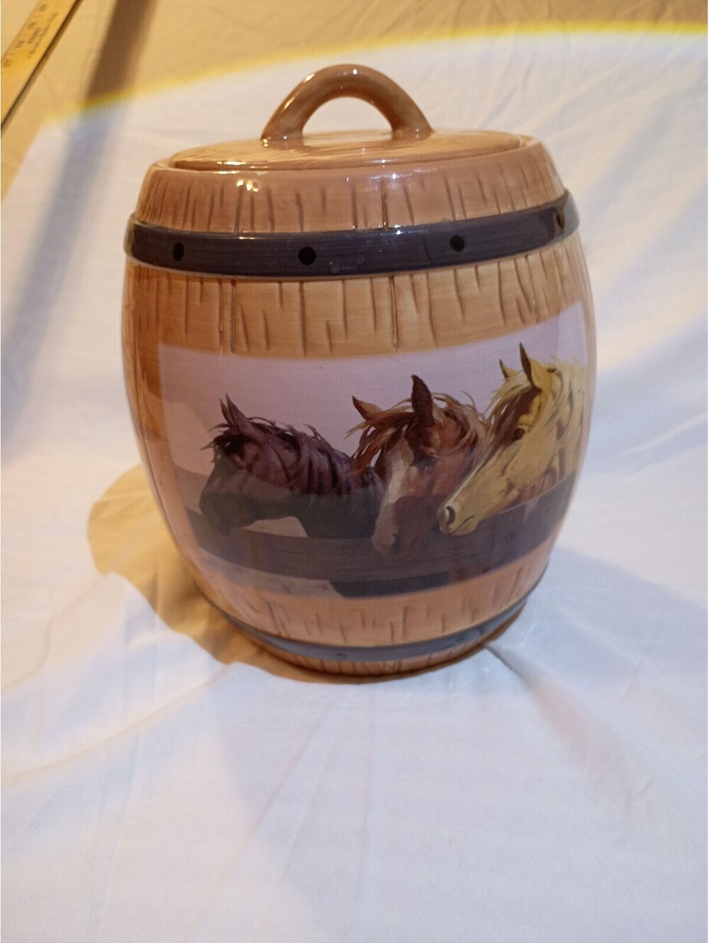 Jim Rey Ceramic Cookie Jar with Horse Artwork Barrel Design